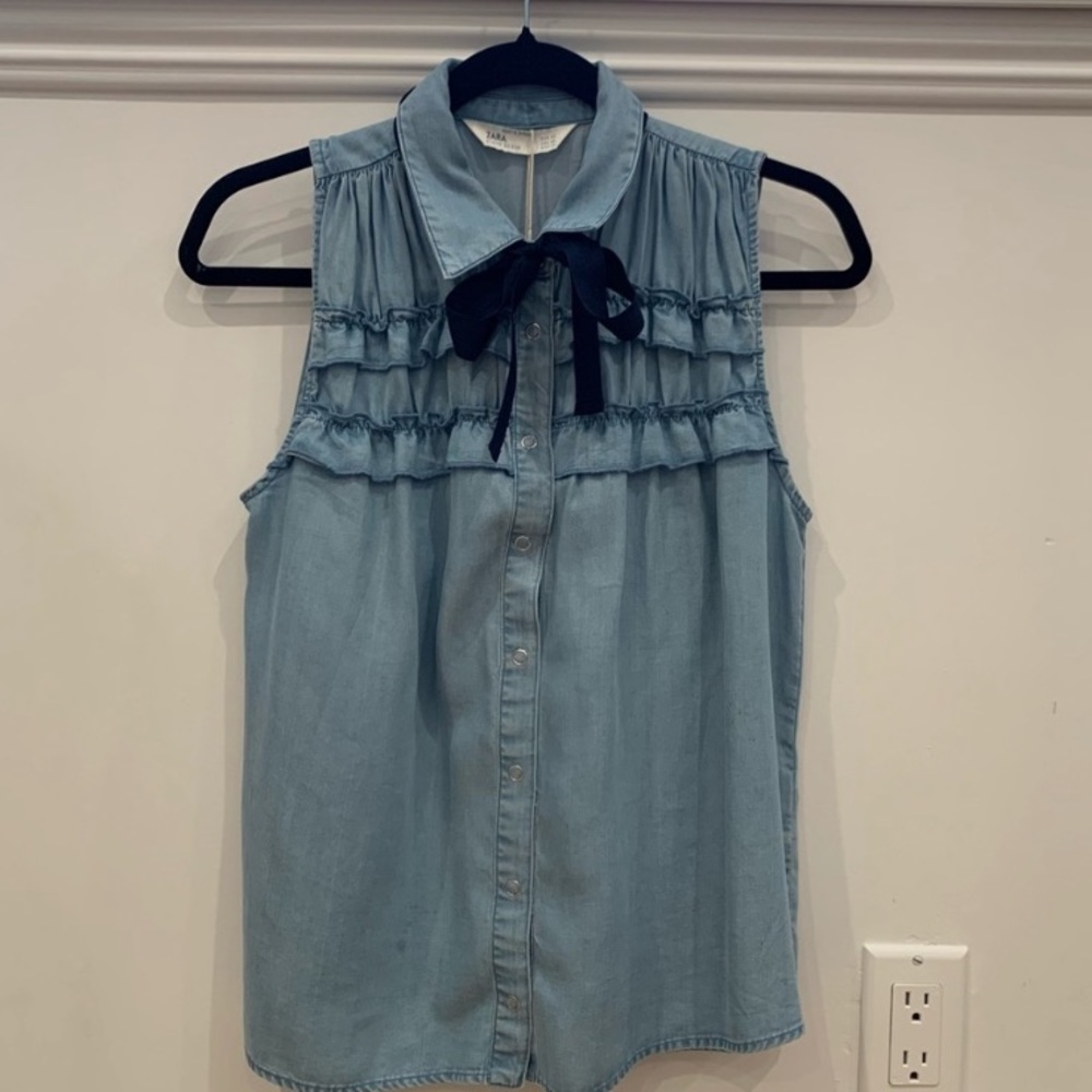 Zara denim ruffle bow blouse